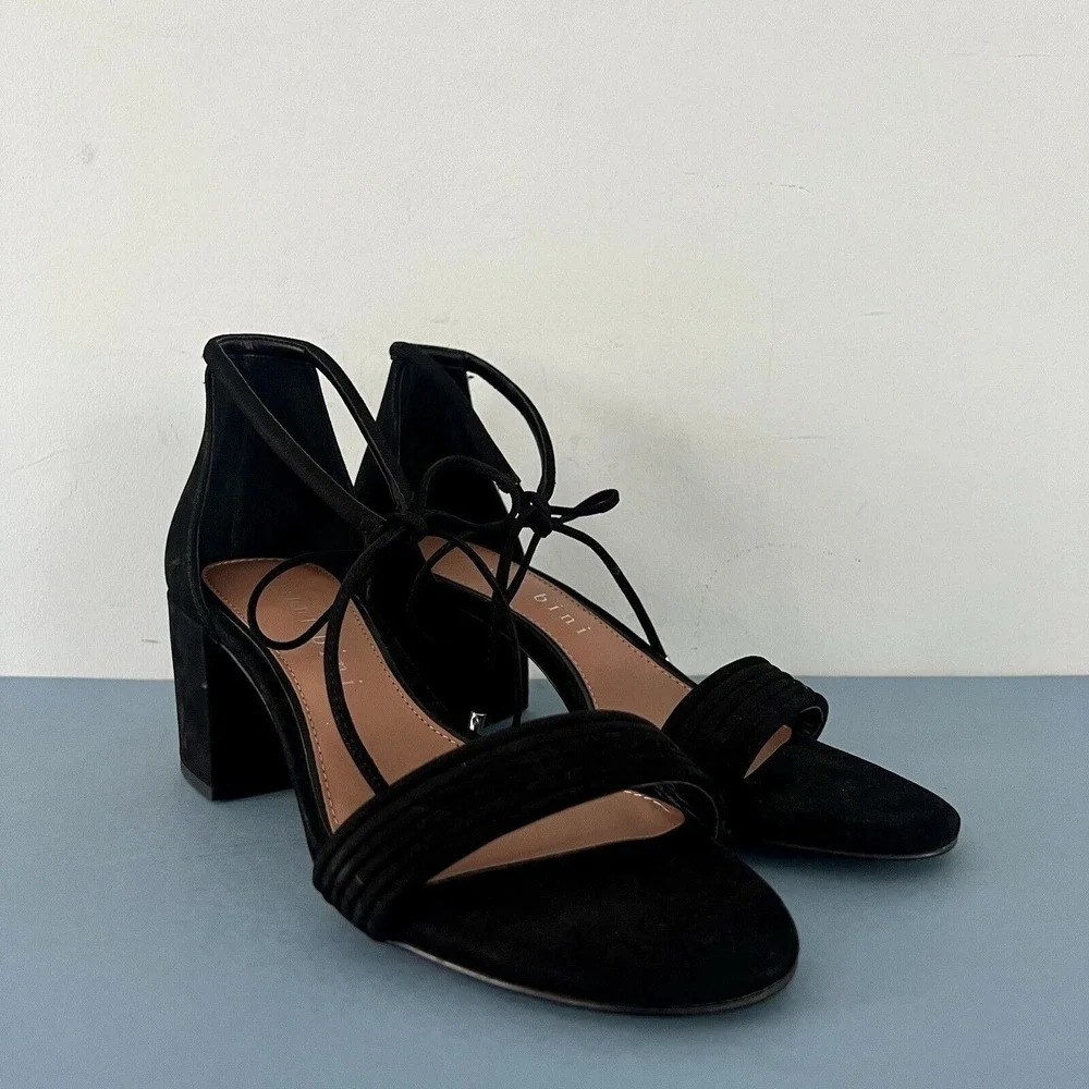 Gianni Bini Rhiaann Dress Sandals‎ Ankle Tie Black Suede Block Heels